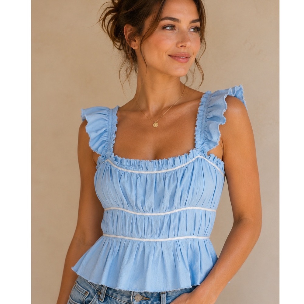 Free People Peplum Top Womens Med Blue Smocked Ruffle Lace Up Boho Cottagecore